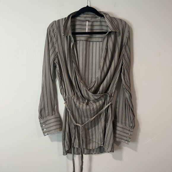 Free People Women's Arlo Top Blouse Long Sleeve Wrap Stripe Medium Gray Blue - Picture 2 of 8
